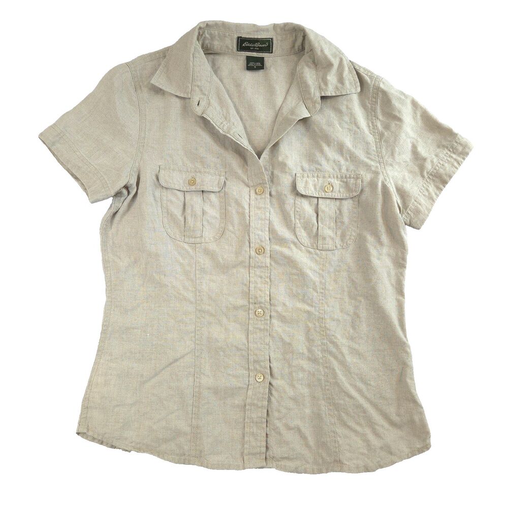 Eddie Bauer Womens Linen Shortsleeve Button Down Shirt Beige S Safari Gorp - Picture 1 of 10